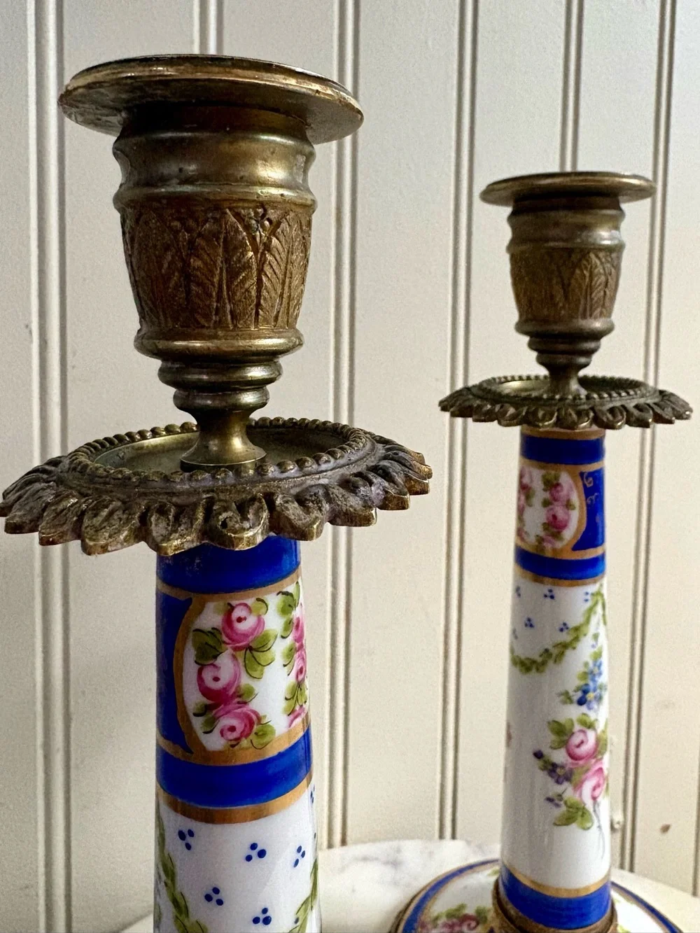 Antique L.P. Paris Sèvres-Style Porcelain & Bronze Hand-Painted Candlesticks VTG